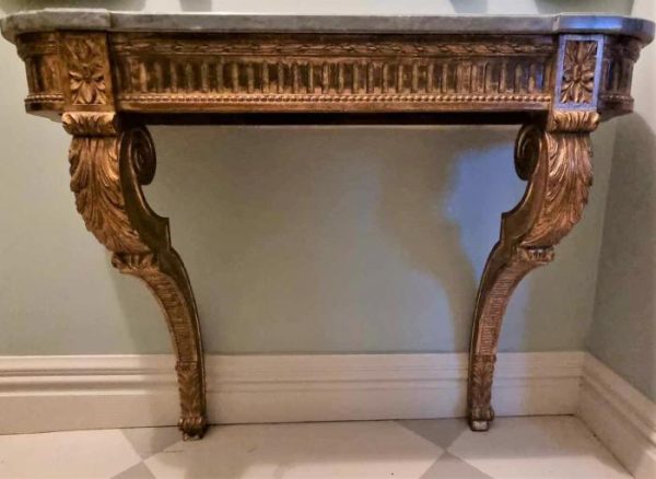 ANTIQUE FRENCH LOUIS XVI STYLE GILTWOOD CONSOLE WITH MARBLE TOP