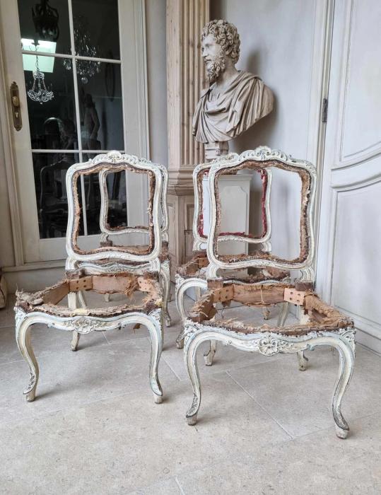 A fine set of four painted, Regence style, side chair frames. France, circa 1900.